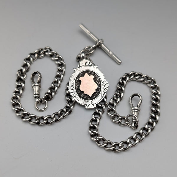 1911 British Antique Sterling Silver Double Albert Chain, 40g, with Sterling Silver Medal Fob